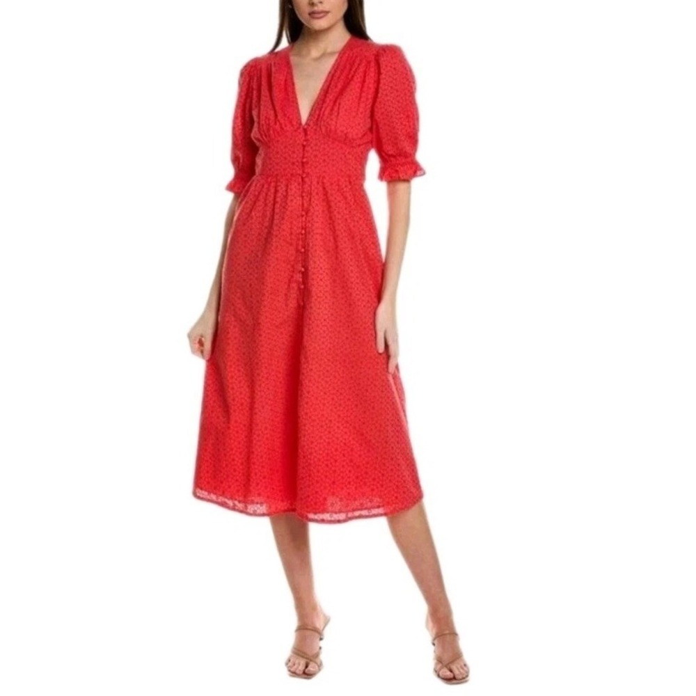 BODEN Women's Size 12R Midi Dress Broderie Eyelet Button‎ Lined Coral Tea